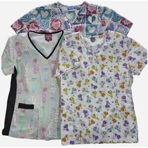Scrub Tops Womens Size L Large Lot Of 3 Medical Vet Uniform Cats and Hearts